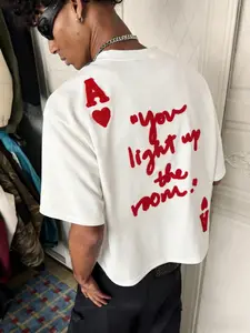 Men & Women Ace of Hearts Chenille Letter Graphic 100% Cotton T-Shirt - Summer Vintage Cropped Oversized Streetwear for Teen Boys, Guys, Young Adults | Daily Wear, Casual Outfit