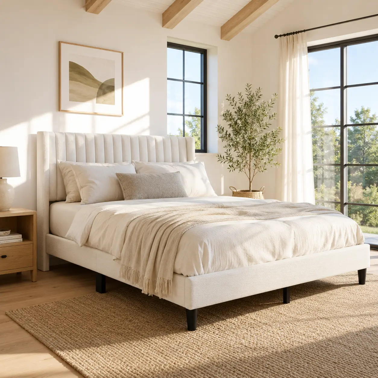 Costoffs Sturdy Linen Upholstered Queen Wooden Bed Frame with Linen Wingback Upholstered Tufted Fabric Headboard, Wood Slat Ventilation, 6" Under-Bed Space, Easy Assembly, Winged Sides, Contemporary Minimalist Room Decor, Durable Materials, Bed Unit, Clas
