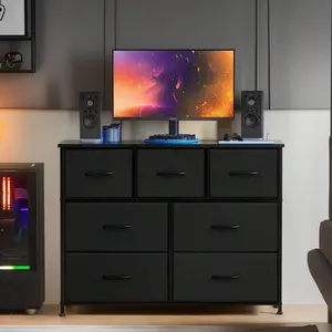 Dresser For Bedroom, 7 Storage Drawers, Wide Fabric Closet Chests Organizer Tower Furniture, TV Stand With Wooden Top Metal Frame For Clothes, Living Room, Hallway, Entryway, White