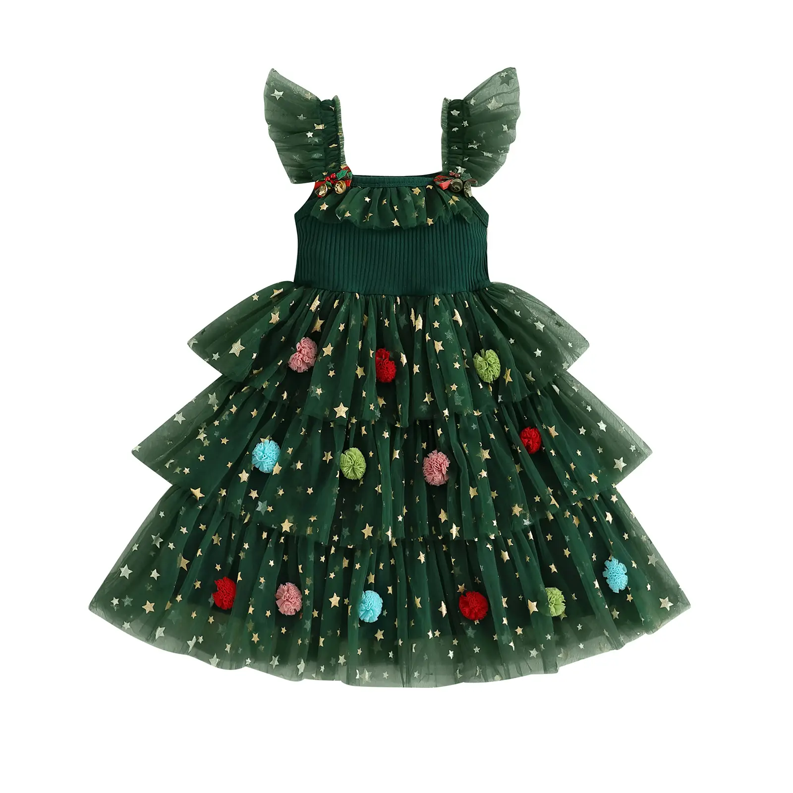 Toddler Kids Girls Christmas Pom Pom Tutu Dress Bows Sequins Stars Ruffle Fly Sleeve Layered Ruffle Tulle Cake Smash Dresses