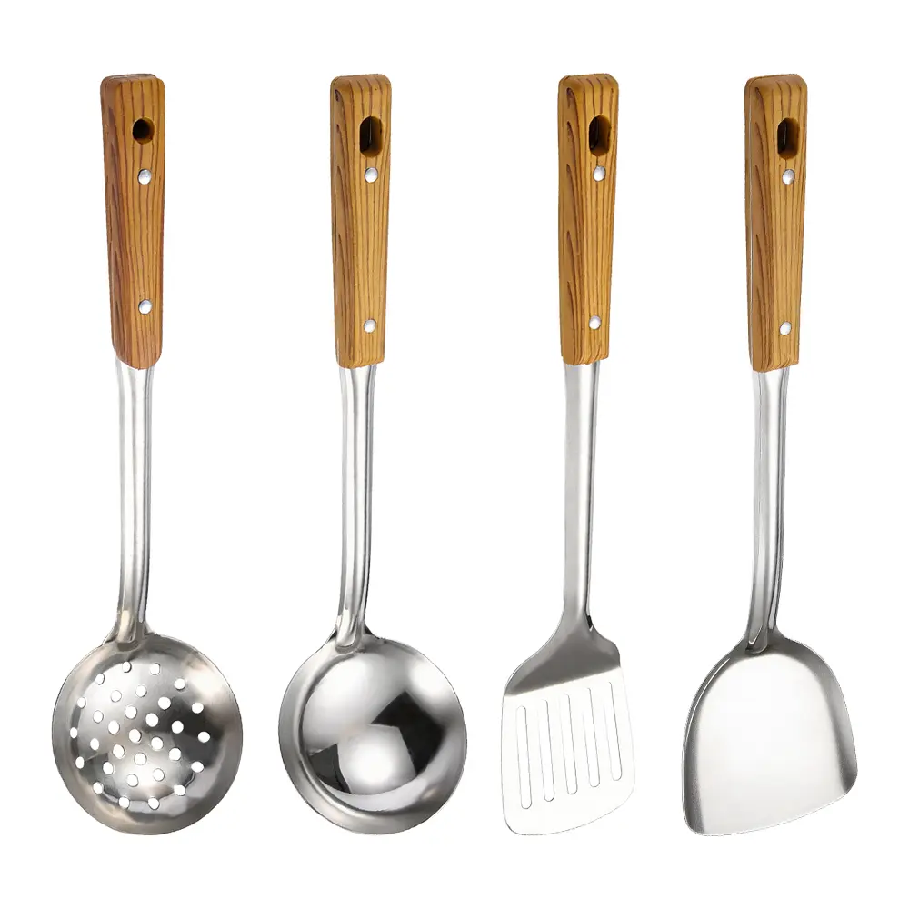 4 Packs Wok Utensils Set Stainless Steel Wok Spatula Ladle Soup with Holes Strainer Slotted Spoon for Kitchen Supplies Metal Cooking Utensils