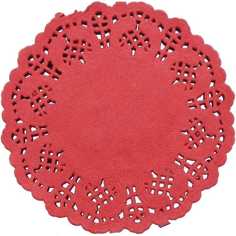 3.5in Round Red Lace Pattern Paper Doilies & Coasters, 100 Pcs Floral Cutout Tableware - Elegant Addition to Tables, Great for Arts & DIY Crafts, Birthday & Wedding DIY Table Decor, Plate Protection