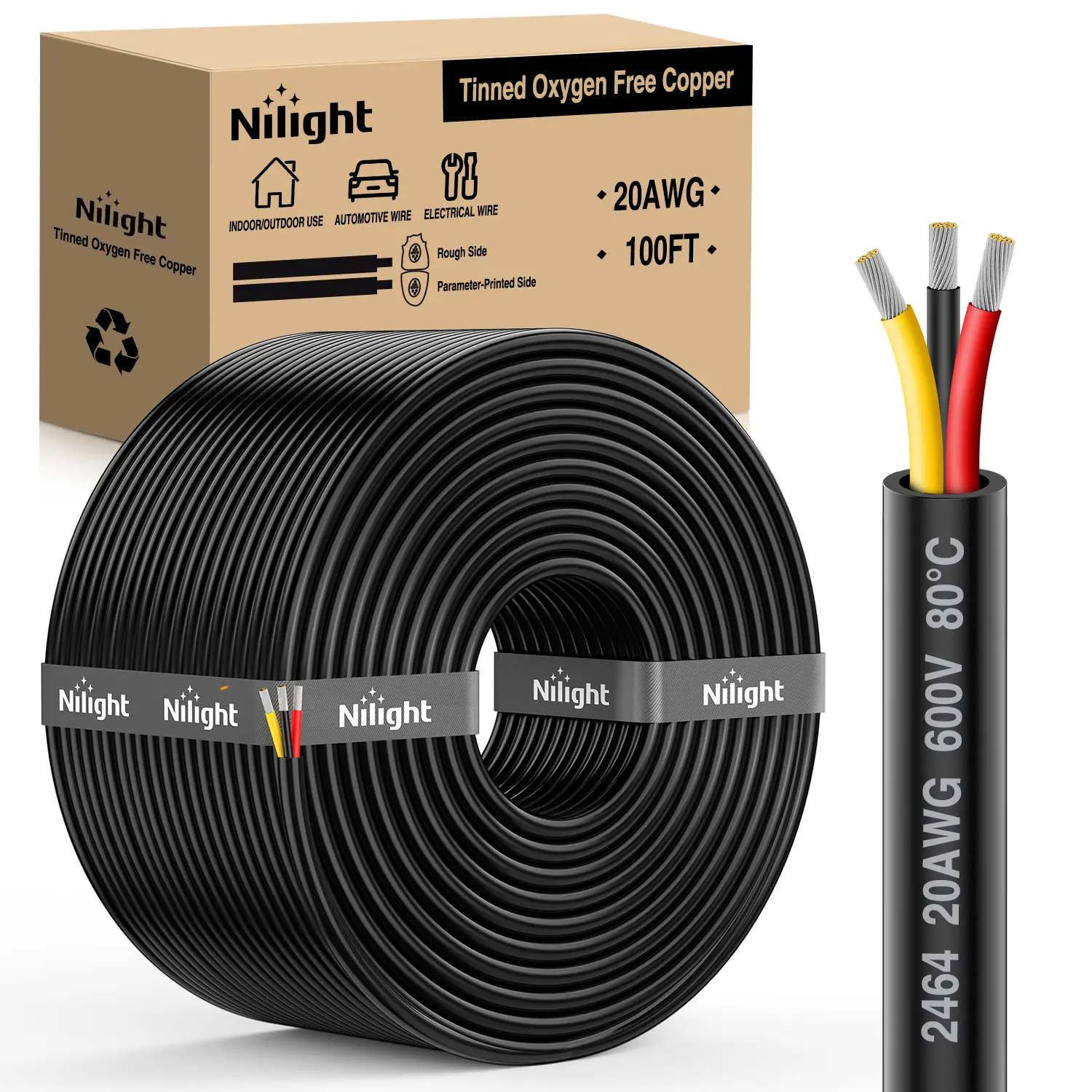 Nilight 3-Core 100FT 20 Gauge Parallel Electrical Wire, Tinned Anti-Corrosion Oxygen-Free PVC+Copper (Red-Black-Yellow), Flame Retardant Water Resistant 600V DC Direct Burial Extension for LED Light Strips, Solder-Ready Outdoor Home Improvement Use