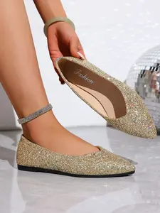 Women's Rhinestone Pointed Toe Flat Shoes, Party Wedding Bridalmaid Shoes, Lightweight Comfortable Soft Sole, Silver Color Gold Appearance