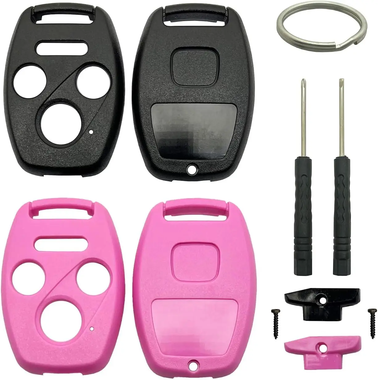 2 Pack Key Fob Shell Case Replacement Fits for Honda Accord 2003-2012 / Civic EX 2006-2013 / Pilot 2009-2015 / CR-V 2005-2006 4 Button Keyless Entry Car Remote Cover (Black + Pink)
