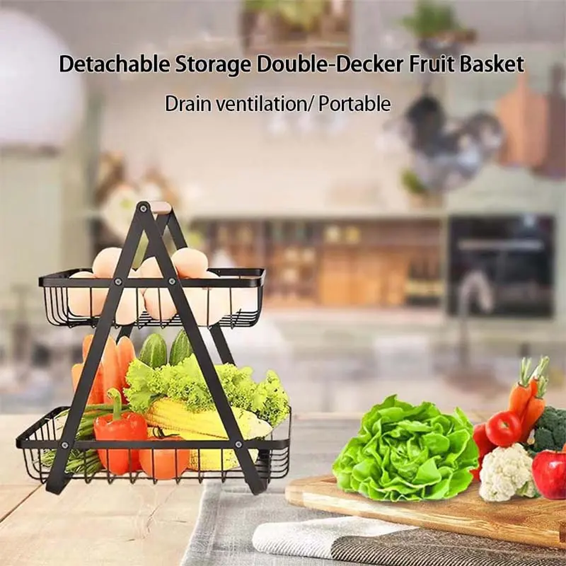 2-Tier Metal Frame Fruit Basket Stand, Detachable Rustproof Ventilated Counter Top Organizer with Wood Handle, Compact Functional Look Storage for Picnic Fruits Vegetables, Space-Saving Camping Kitchen Gift