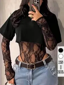 Summer Elegant Chic Short Sleeve Lace Patchwork T-Shirt Romper, Slim Fit, Perfect for Layering, Y2K Style, Ideal for Daily Wear, Bodysuits