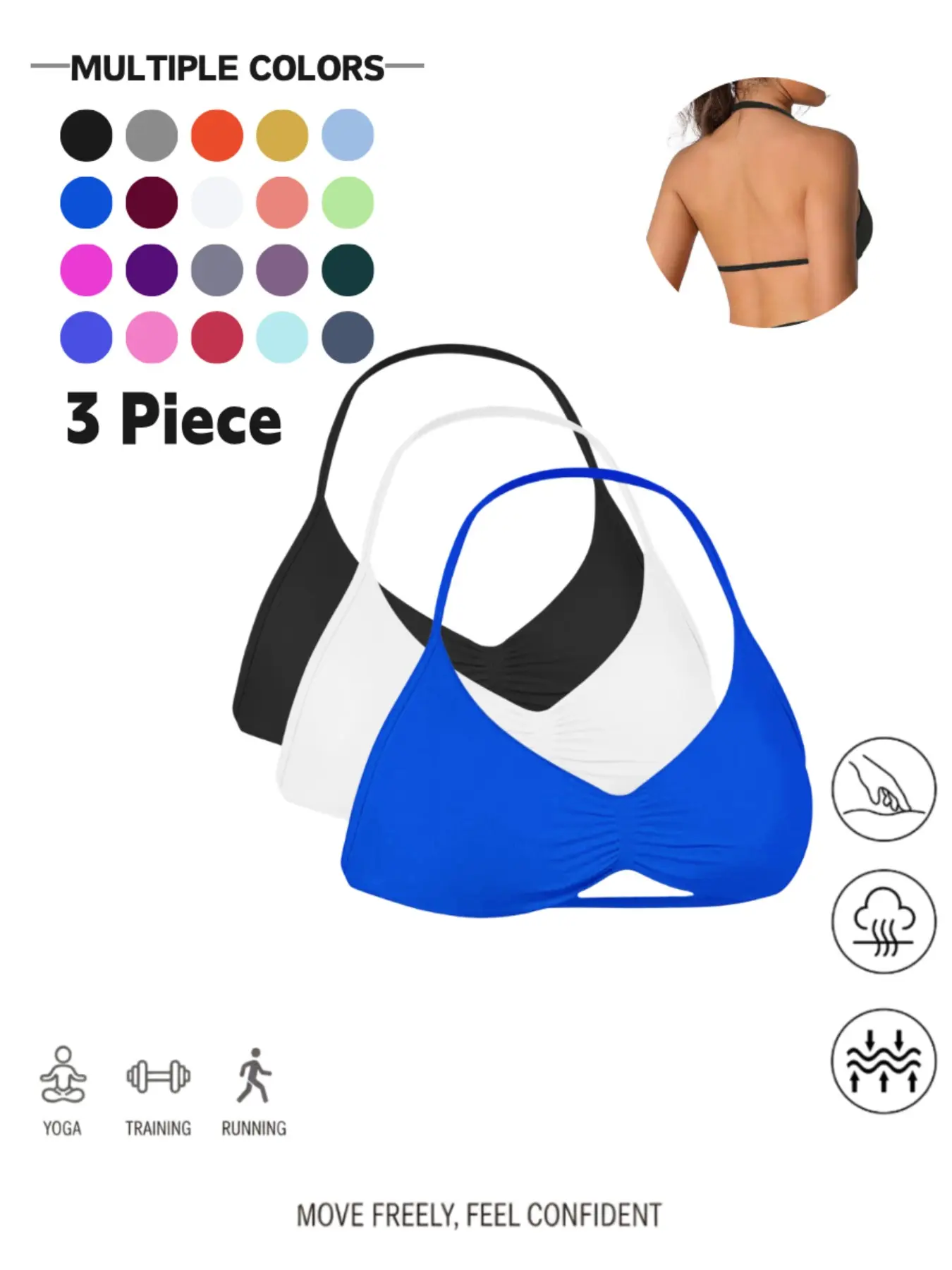 Seamless Halter Neck Sports Bra, Workout Bra, Ruched Front & Open Back, Removable Pads, Buttery Soft, 4-Way Stretch, Gym, Yoga, Loungewear, Padded Sports Bras