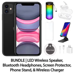 Refurbished Apple iPhone 11 - Fully Unlocked BUNDLE: Wireless Speaker, Bluetooth Headphones, Screen Protector, Wireless Charger, & Phone Stand (1 Year Warranty) Excellent Condition