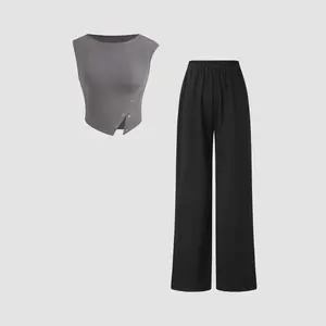 Cider [size 2-10] Round Neckline Solid Button Crop Tank Top & Mid Rise Elastic Waist Wide Leg Trousers Set