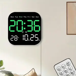 Modern LED Wall Clock Digital Display with Calendar & Temperature | Remote Control Battery Operated Home Decor Clock