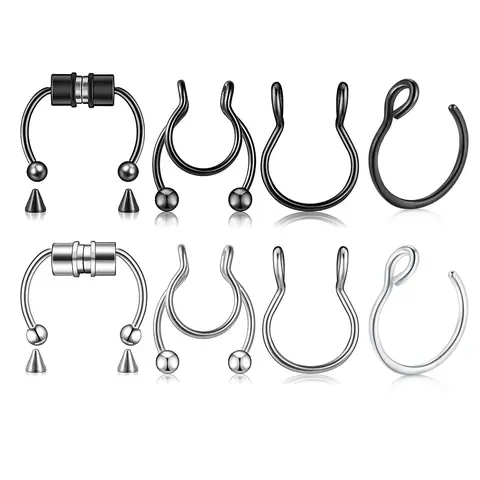 Punk Style Stainless Steel Faux Septum Nose Ring Set, Magnetic and Clip-On Non-Piercing Nose Hoops, Fashion Accessories for Parties and Daily Wear