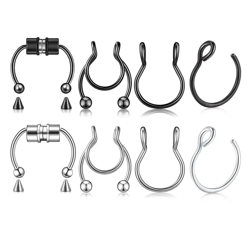 Punk Style Stainless Steel Faux Septum Nose Ring Set, Magnetic and Clip-On Non-Piercing Nose Hoops, Fashion Accessories for Parties and Daily Wear