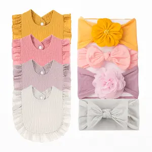 Set Of 8 Soft And Stretchy Nylon Baby Headbands With Bows, Including Bibs And Drool Cloths, Perfect For Cute Princess Accessories And Holiday Gifts. muslin  bibs