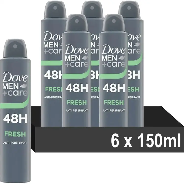 Dove Men+Care New Alcohol-Free Aerosol Antiperspirant Deodorant Spray (6-Pack, 150ml Each) - 48H Protection, Fresh Scent, Quick Drying, Soothes, Moisturizing for Male Skin