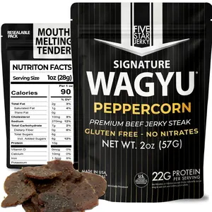 Five Star Wagyu Peppercorn Beef Jerky, Bold & Tender Gourmet Jerky Snacks, High Protein Snacks for Adults, Keto Friendly Beef Jerky Snack Packs, Gluten-Free Wagyu Jerky Sticks (4 Pack of 2oz – 8oz Total) Premium Protein Food