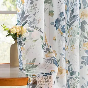 Floral Curtains for Living Room 84 inches Long Classic Printed Flower Leaf Sheer Curtains for Bedroom, Bathroom, Rod Pocket Window Drapes Yellow and Blue, 2 Panels, 52 x 84 inch