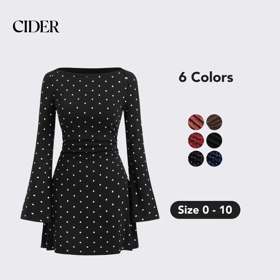 Cider Women's Casual Polka Dot Dress - Cotton-Blend, Boat Neck, Ruched Bell Sleeves, Mini-Length Flair Fashion Apparel for Women's Dresses, A Type, Above The Knee, Sweet