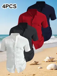 4-Pack Men's Summer Short Sleeve Shirts, Solid Color, Lightweight Breathable, Stand Collar Button Shirt, Ideal for Beach Poolwear