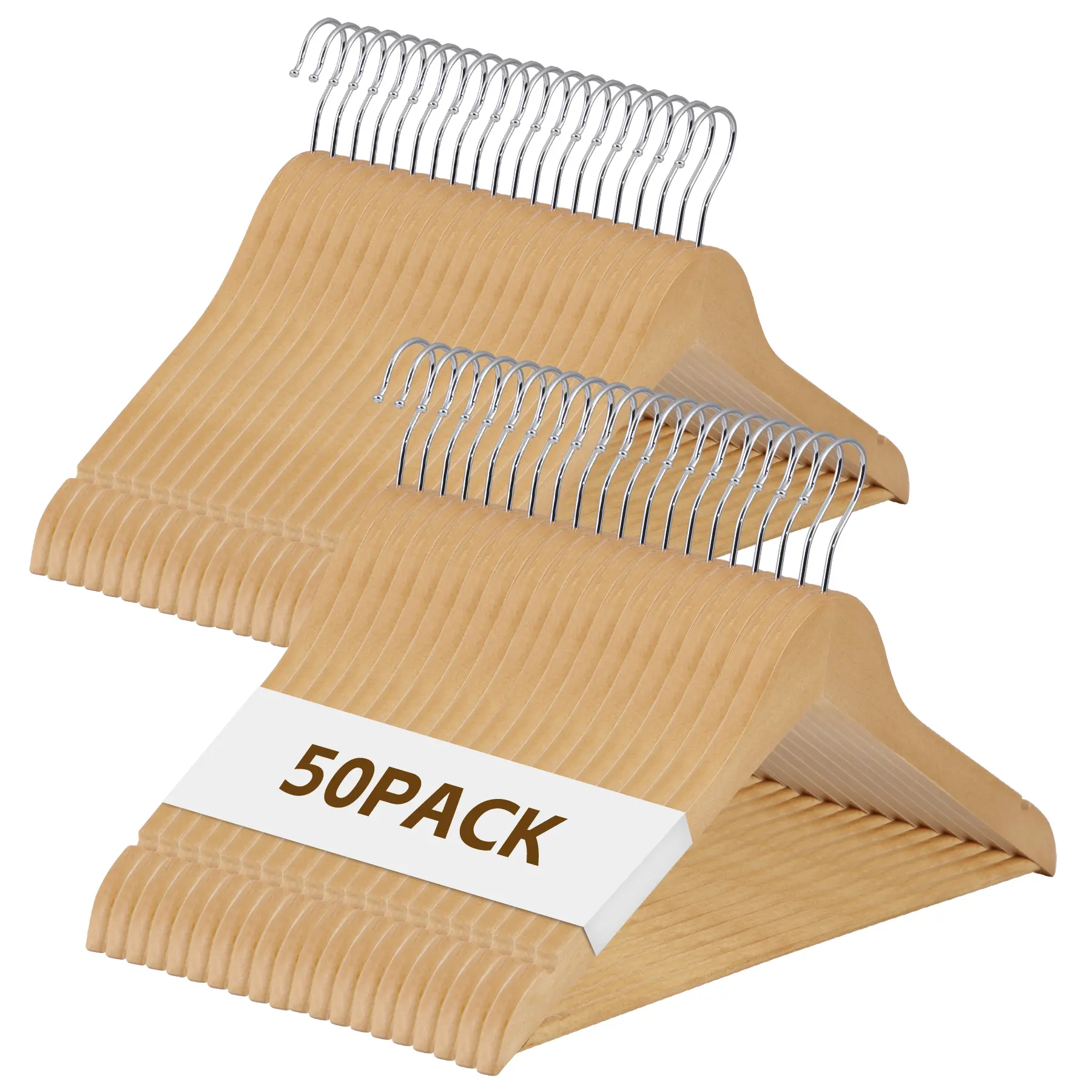 LEMY 50-Pack Bulk Natural Solid Wood Clothes Hangers - Heavy-Duty, Space-Saving Closet Organizer with Hook, Full Rotation for Hanging Storage