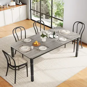 Garvee 70.8" Farmhouse Dining Table for 6-8 People - Rustic Industrial Kitchen Table with Sturdy Metal Frame and Chamfered Corners, Ideal for Dining Room, Breakfast Nook, Small Spaces in Grey and Black