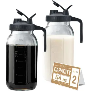 64oz Glass Pitcher with Lid - 2 Quart Mason Jar Pitcher with Spout, Leak-proof Milk Container for Refrigerator, Easy to Clean Wide Mouth Water Jug, Juice, , Iced Coffee, Beverage and Drinks