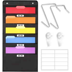 5 Pockets  Wall File Organizer, Black Storage Pocket Chart for File Folder and Paper, Space Saver for Office and Classroom, with Wall Hangers, Over The Door Hooks, Labels