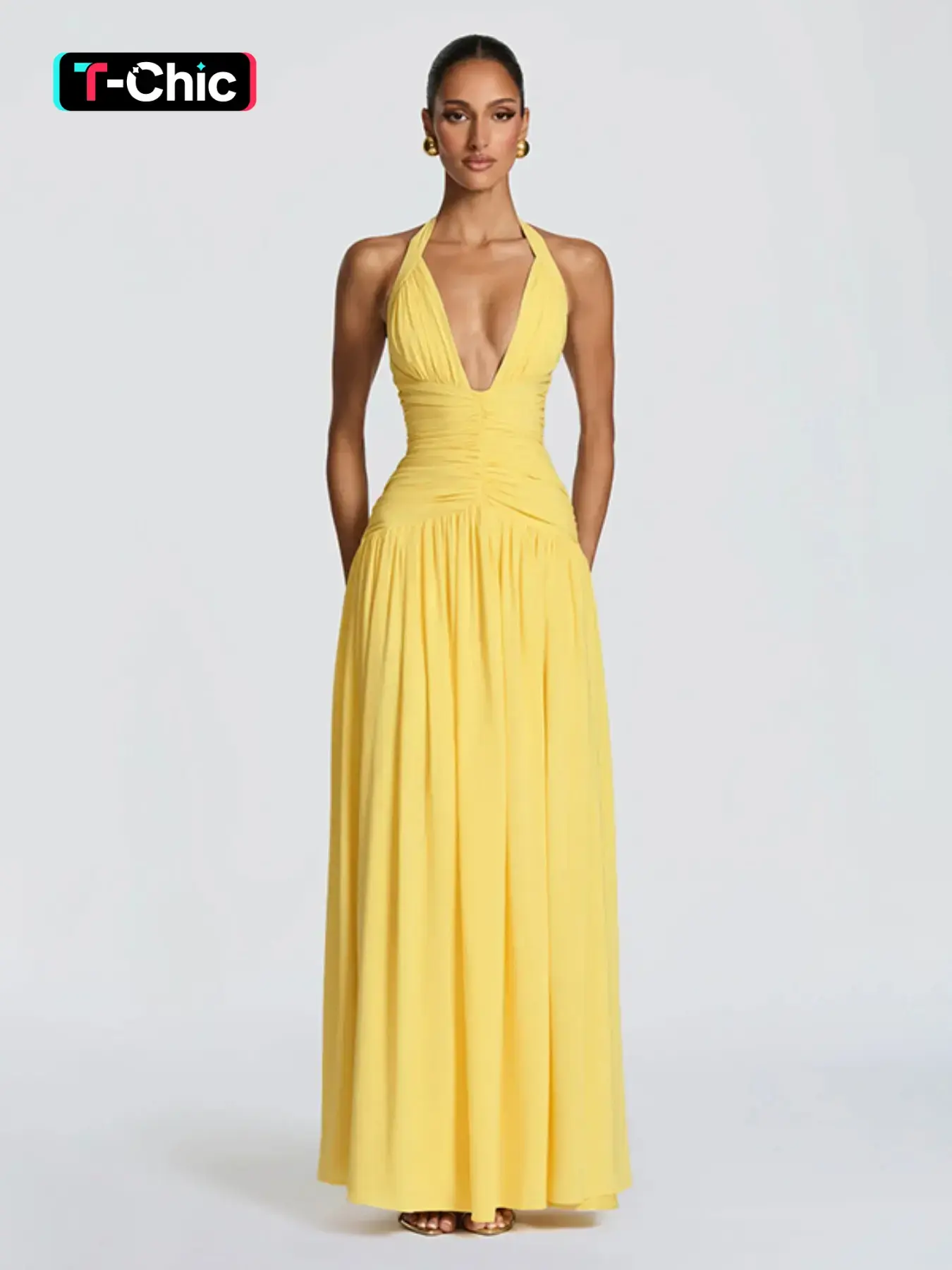 Women's Solid V-Neck Sleeveless Cut Out Back Split Dress, Trendy Fashion Elegance Formal Wear Elegant Evening Wear Party Dress, Perfect for Gatherings and Events