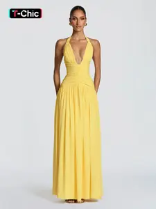 Women's Solid V-Neck Cut Out Back Split Dress, Trendy Fashion Elegance Party Dress, Perfect for Gatherings and Events
