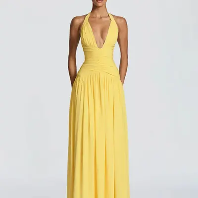 south of france sheer maxi dress yellow petite Marigold Yellow Long Prom Dress with Sheer Bodice Marigold / 6