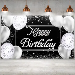 Happy Birthday Backdrop Banner, Black and Silver Photography Background, Large Party Sign for Men & Women