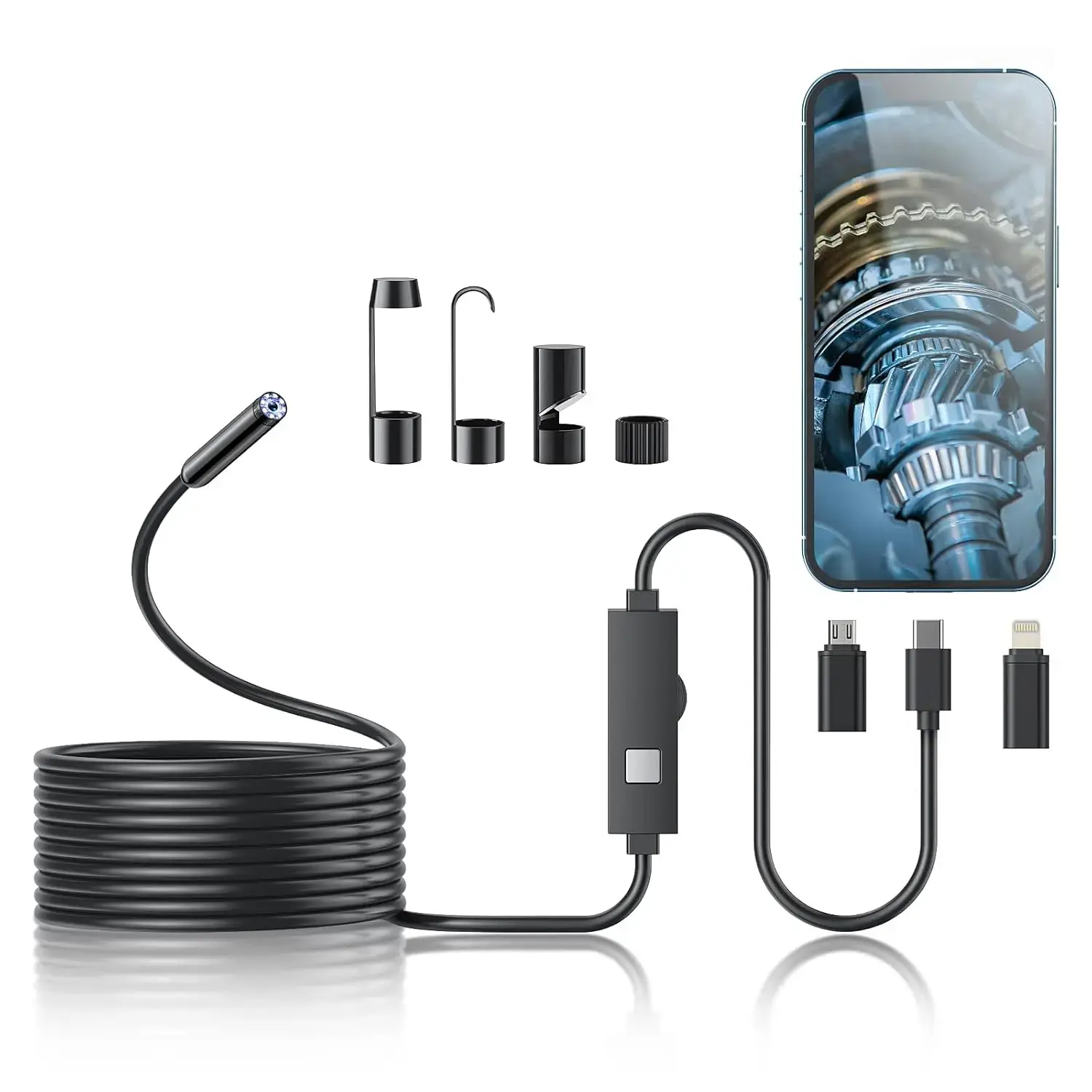 3-in-1 HD Endoscope Camera Diagnostic Tool - 1920P Waterproof Borescope for iPhone, Android, Type-C, 5M Rigid Cable, Industrial Use for Automotive Repair, Plumbing Pipe Inspection