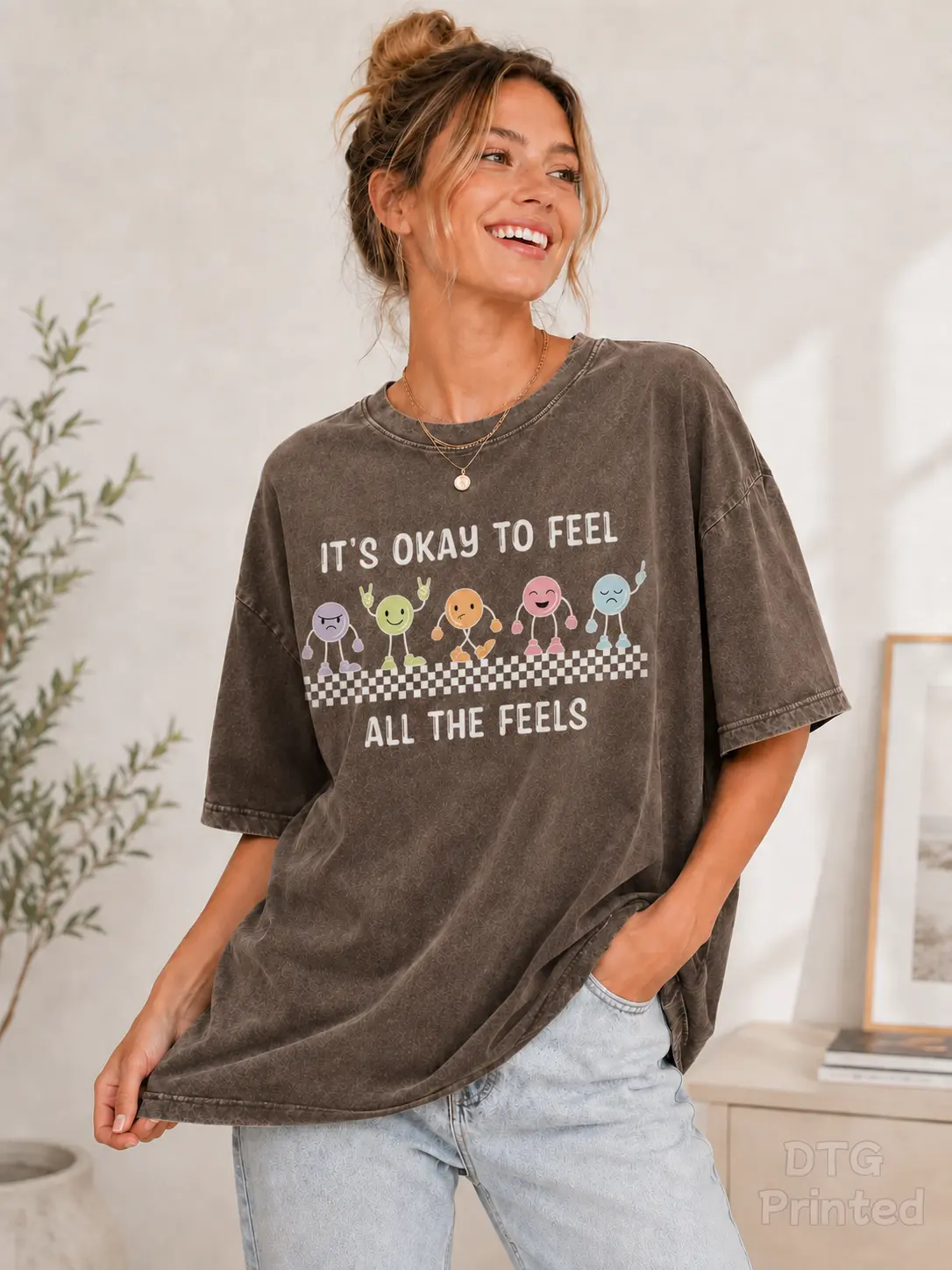DTG Printed Retro Checkerboard Mood Character Graphic Tee, 100% Cotton Soft Vintage Washed Oversized T-Shirt, It's Okay To Feel All The Feels Positive Message Print, Casual Trendy Streetwear Top, Aesthetic Mental Wellness Shirt, Back To School