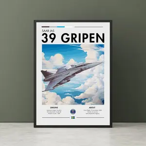 Saab JAS 39 Gripen Print, Scandinavian Aviation Style Wall Art, Modern Fighter Jet Illustration Poster, Aircraft Decor