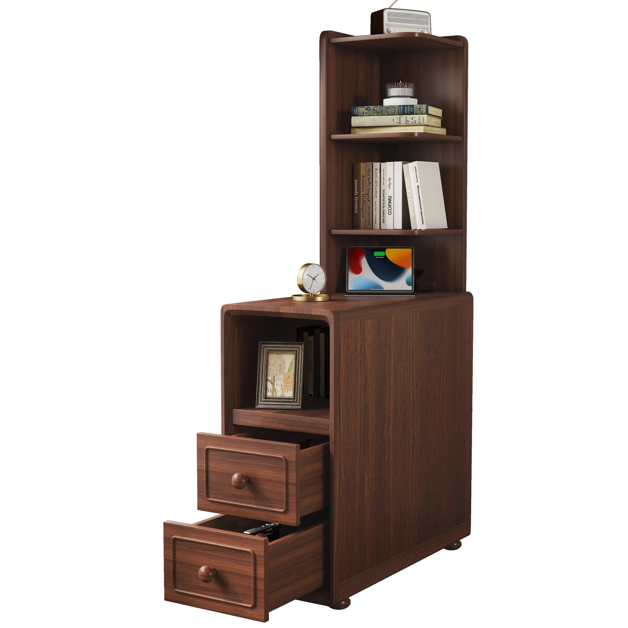 Donext Foldable End Table with Drawers Corner Table with Open Shelves Tall Side Table for Bedroom and Corner Storage Large Capacity Reversible Design 2 AC Outlets 2 USB Ports Space Saving Durable Construction