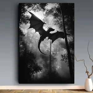 2D Flat, Black & White Mythical Dragon in Mist Canvas Poster - Victorian Gothic Wall Art, Frameless HD Print for Living Room, Bedroom Decor - Ideal Gift for Fantasy Book & Game Fans, 2D Flat, Canvas Wall Art, Posters For Bedroom, Prints Wall Art
