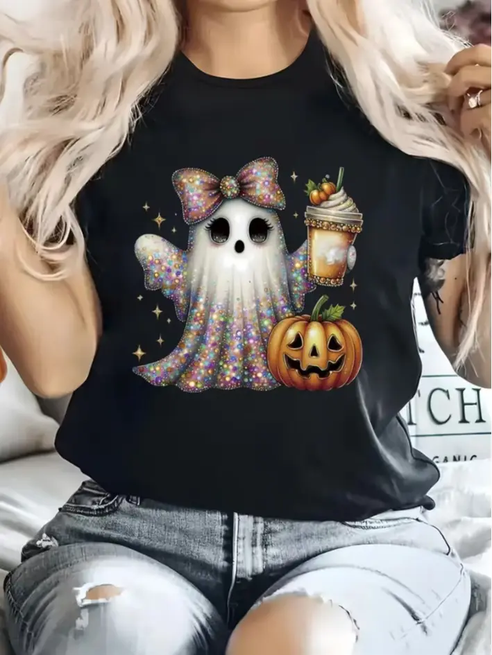 Cute and Jack-o-Lantern Halloween Graphic T-Shirt- Featuring a Shiny Rainbow Bow and Sparkly Multicolored Design, Perfect for Autumn Celebrations and Festive Gatherings- Ideal Gift for Halloween Lovers and Those Who Enjoy Fun Seasonal Fashion