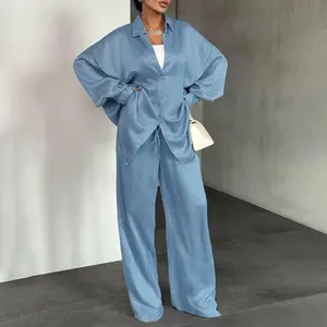 ChicMe Women's 2 Piece Outfit Turn-down Collar Long Sleeve Curved Hem Top and Drawstring Elastic Waist Pants Set Casual Solid Color Loose Fit Matching Set