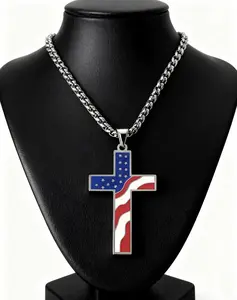 American Flag Cross Pendant Necklace, 24 inches long, crafted with high-quality metal plating.Silvertone Unisex Design Versatile & Stylish Perfect For Everyday Wear Or Gifting