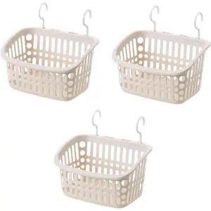 3PCS Plastic Hanging Baskets for Shower, Organizer With Hooks, Rectangle 10.6Inches Small Storage Basket (Beige)