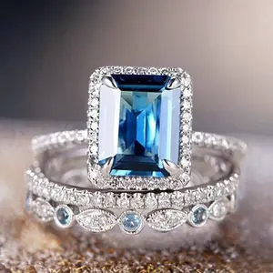 3 Piece Elegant Stacking Rings with Ocean Blue Square Stone Inlay Engagement Wedding Dupes Luxury Jewelry Gift for Her