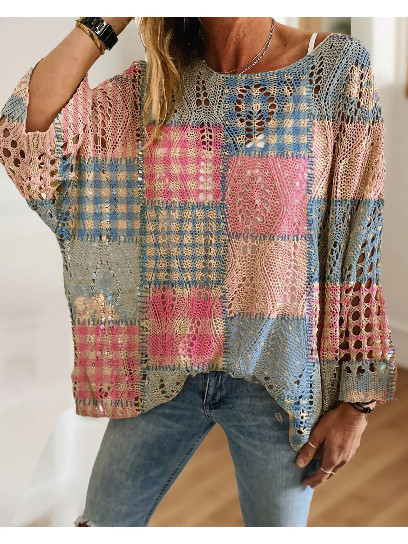 Women's Boho Geometric Print Long Sleeve Batwing Knit Top, Casual Elegant Chic Vacation Everyday Style, Comfortable Breathable Baggy Loose Fit, Spring Summer Fall Fashion, Knitwear