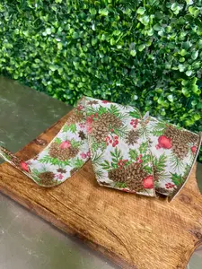2.5 Inch By 10 Yard Pinecone Berry And Mistletoe Ribbon