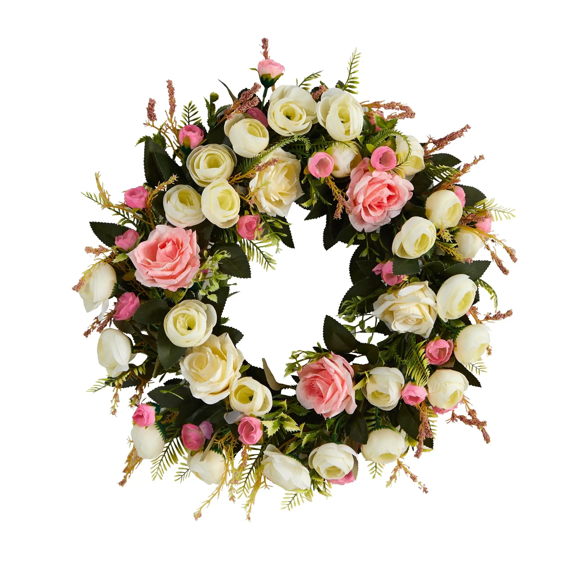 20in Decorative Silk Artificial Wreath with White & Blush Pink Pastels Roses - Artificial Outdoor Flowers for Door/Wall, Indoor/Outdoor Floral Decor, Balcony, Faux Leaves Artificial Flowers