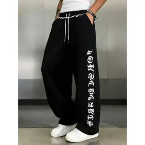 Men's Fashion Casual Athletic Sweatpants with Letter Print Distinctive Rolled Waistband Drawstring Waist Straight Leg Long Pants for Indoor Outdoor Wear Ideal for Leisure Sports Running Couple Gift Mu