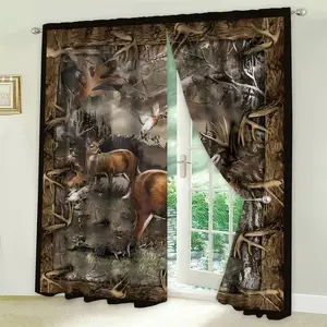 2pcs Country Cottage Deer Print Curtains, Window Curtain, HD Digital Printing, Rod Pocket Installation, 100% Polyester, All-Season Privacy UV Protection