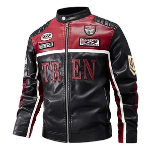 Men's Colorblock Biker Leather Jacket — American Racing Style Multi-Badge Embroidered Streetwear Cool Baseball Collar Coat