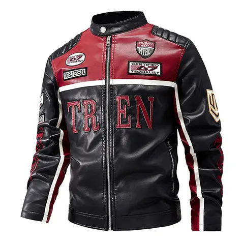 Men’s Fitted Retro American Vintage Racing PU Leather Biker Riding Jacket - Red/Black Color Blocking, 3D Embroidered Lettering, Streetwear Design, Multiple Patch Badges, Stand Collar, Hangable, Zipper, Cargo Jeans Compatible Casual Top