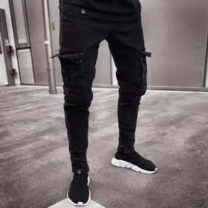 Men's Black Cargo Jeans with Multi Pockets, High Cotton Content Slim Fit Denim Pants, Biker Style Streetwear Trousers for Men, Reinforced Knee Detail
