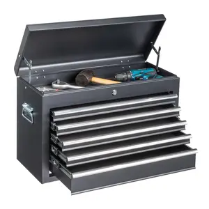 Metal Tool Box, 5-Layer Drawers & Top Storage Tray Tool Box with Lock Safety and Handle, 24" Portable Tool Chest Cabinet for Garage, Warehouse, Home, Black